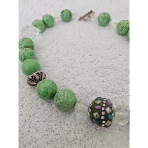 Green Gemstone Bead Necklace with Crystal Accents & Silver Toggle Clasp 20"